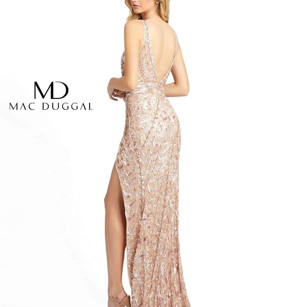 Mac Duggal Rose Gold Sequin Evening Dress with High Slit